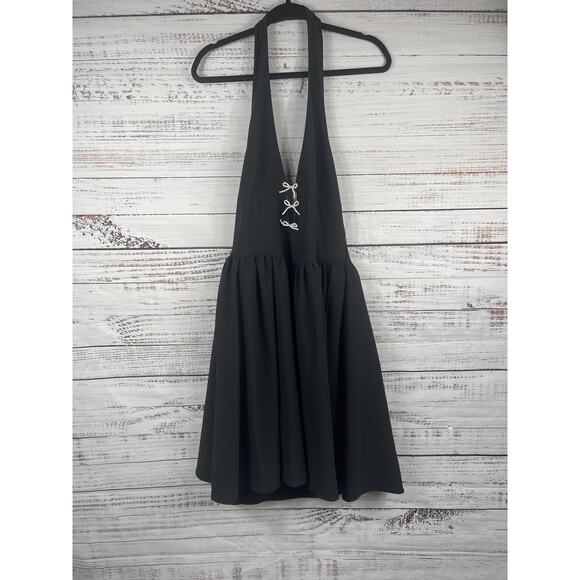 Commense Dress Women's Large Black Halter Pearl Bow Plunge Skater Cocktail Party - Picture 2 of 14